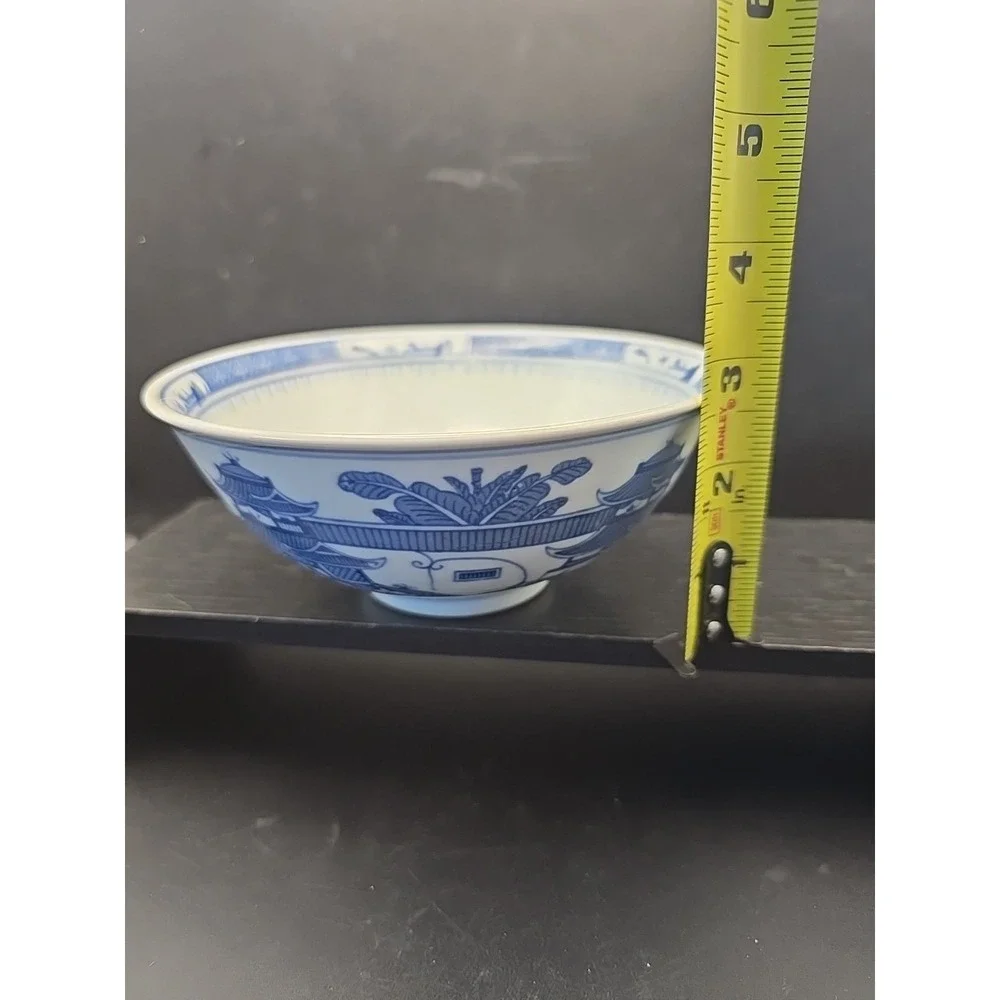 Chinese Fine Blue And White China Bowl W/ Chinese Payados, Mountains, Trees 6.5